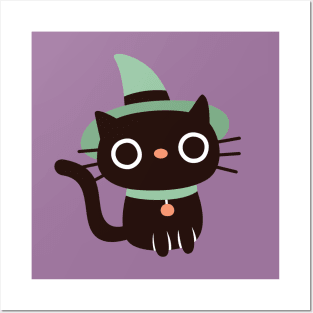 Cute Black Cat With Witches Hat Posters and Art